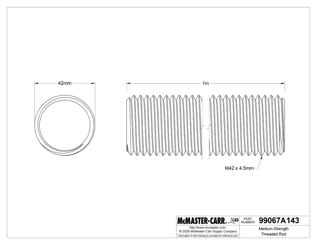 Technical Drawing of Medium-Strength Threaded Rod, Class 8.8 Zinc-Plated Steel, M42 x 4.5 mm Thread, 1 M Long.